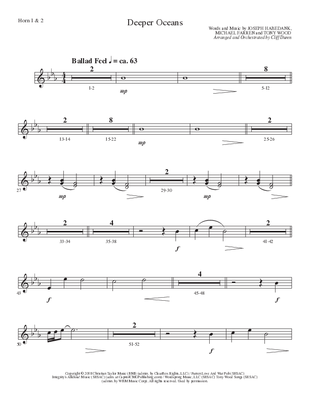 Deeper Oceans (Choral Anthem SATB) French Horn 1/2 (Lillenas Choral / Arr. Cliff Duren)