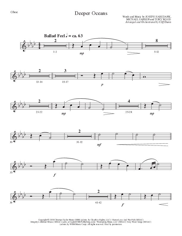 Deeper Oceans (Choral Anthem SATB) Oboe (Lillenas Choral / Arr. Cliff Duren)