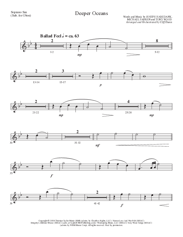 Deeper Oceans (Choral Anthem SATB) Soprano Sax (Lillenas Choral / Arr. Cliff Duren)