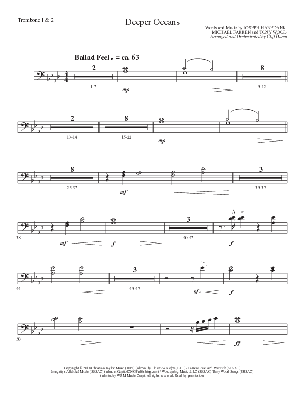Deeper Oceans (Choral Anthem SATB) Trombone 1/2 (Lillenas Choral / Arr. Cliff Duren)