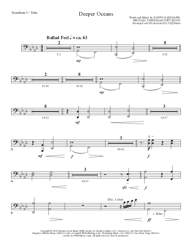 Deeper Oceans (Choral Anthem SATB) Trombone 3/Tuba (Lillenas Choral / Arr. Cliff Duren)