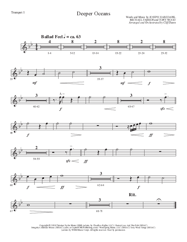 Deeper Oceans (Choral Anthem SATB) Trumpet 1 (Lillenas Choral / Arr. Cliff Duren)