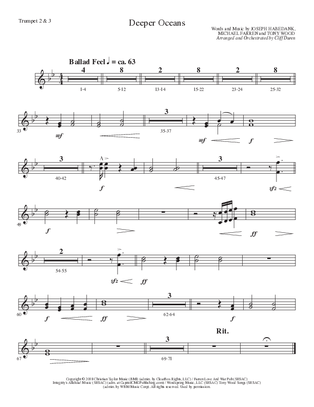 Deeper Oceans (Choral Anthem SATB) Trumpet 2/3 (Lillenas Choral / Arr. Cliff Duren)
