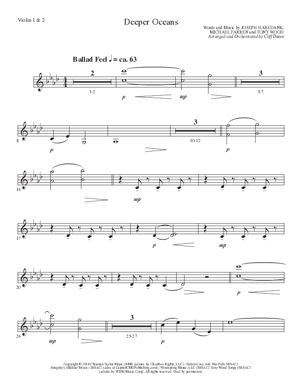 Deeper Oceans (Choral Anthem SATB) Violin 1/2 (Lillenas Choral / Arr. Cliff Duren)