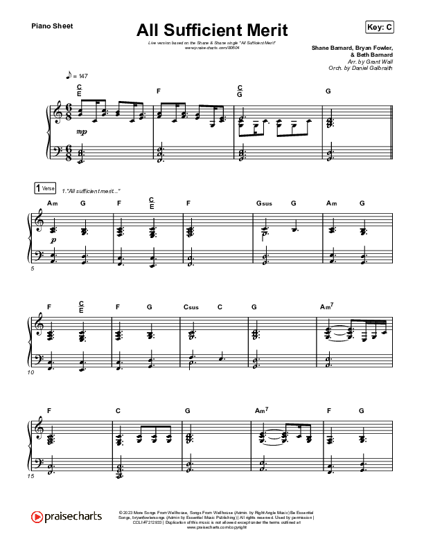 All Sufficient Merit (Live) Piano Sheet (Shane & Shane)