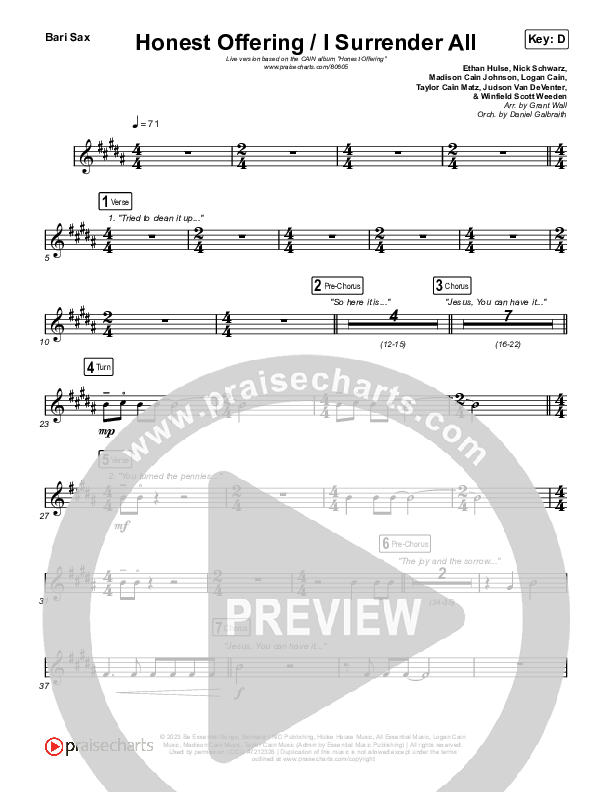 Honest Offering / I Surrender All (Live) Bari Sax (CAIN)