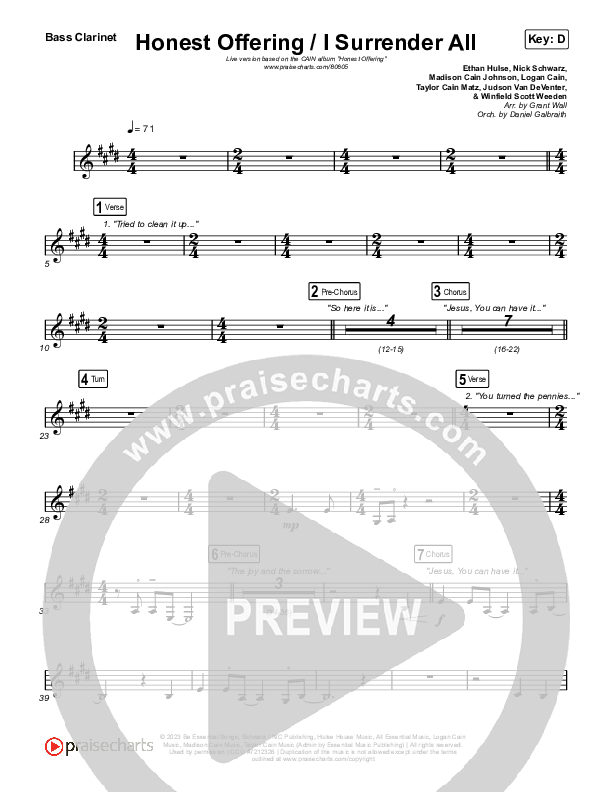 Honest Offering / I Surrender All (Live) Bass Clarinet (CAIN)