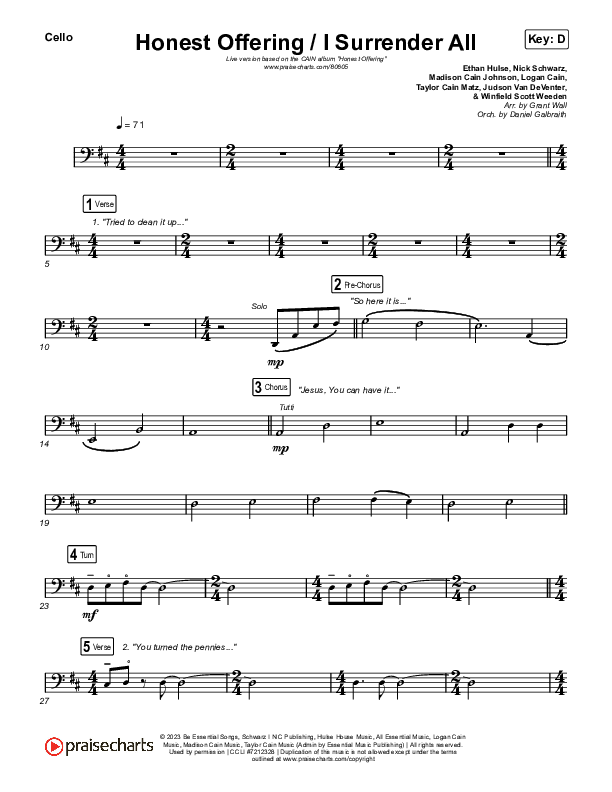 Honest Offering / I Surrender All (Live) Cello (CAIN)