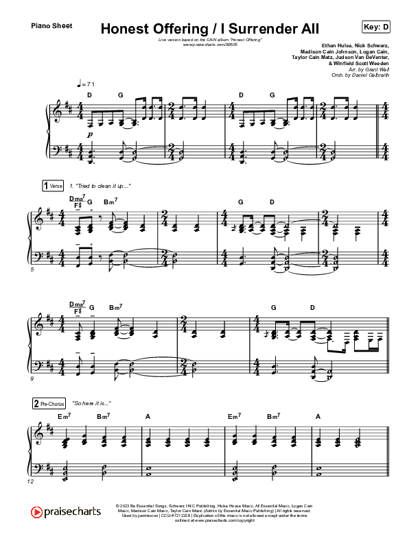 Honest Offering / I Surrender All (Live) Piano Sheet (CAIN)