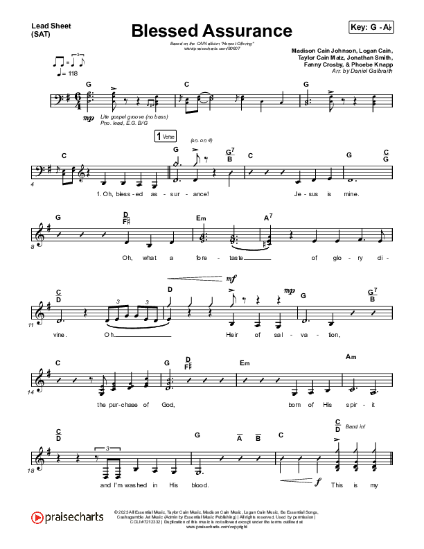 Blessed Assurance (Live) Lead Sheet (SAT) (CAIN / David Leonard)
