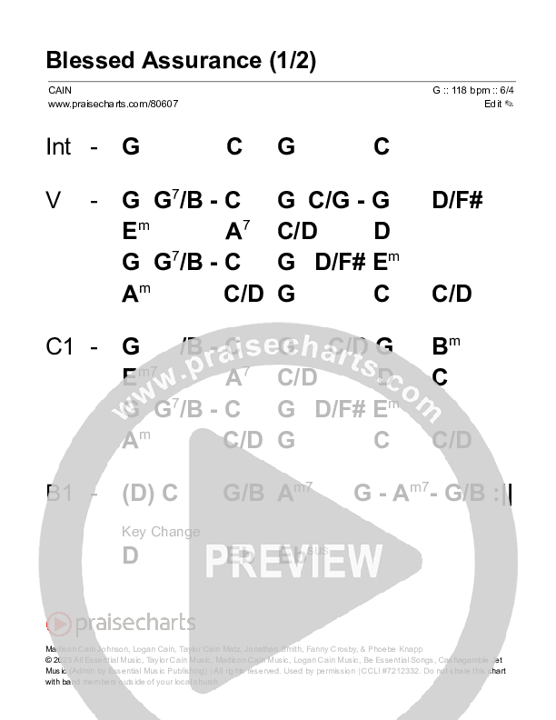 Blessed Assurance (Live) Stage Chart (CAIN / David Leonard)