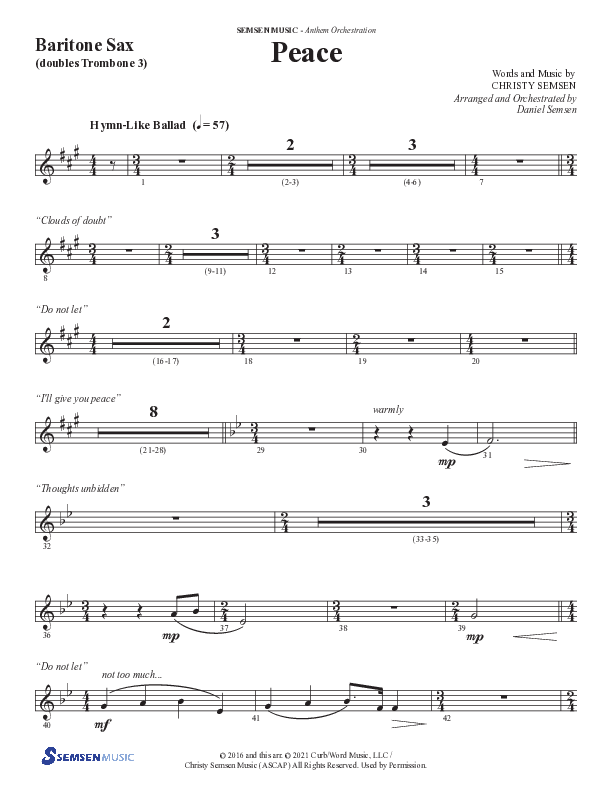 Peace (Choral Anthem SATB) Bari Sax (Semsen Music / Arr. Daniel Semsen)