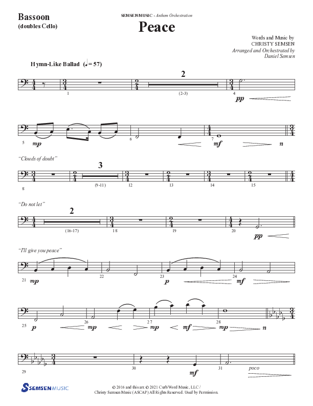 Peace (Choral Anthem SATB) Bassoon (Semsen Music / Arr. Daniel Semsen)