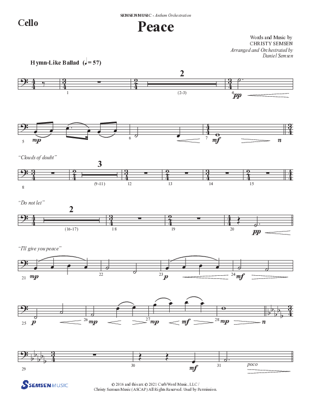 Peace (Choral Anthem SATB) Cello (Semsen Music / Arr. Daniel Semsen)