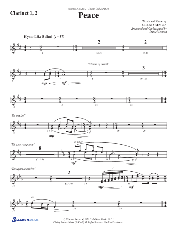 Peace (Choral Anthem SATB) Clarinet 1/2 (Semsen Music / Arr. Daniel Semsen)