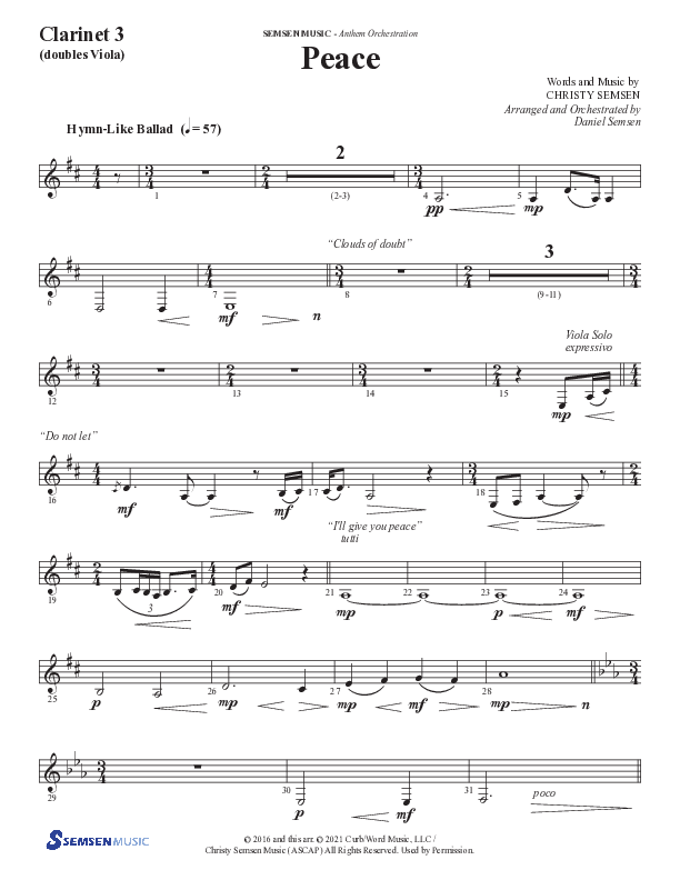 Peace (Choral Anthem SATB) Clarinet 3 (Semsen Music / Arr. Daniel Semsen)