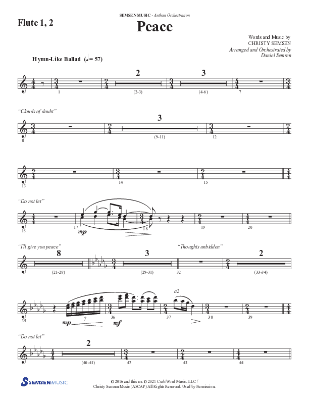 Peace (Choral Anthem SATB) Flute 1/2 (Semsen Music / Arr. Daniel Semsen)
