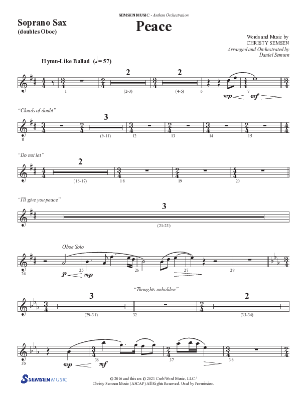 Peace (Choral Anthem SATB) Soprano Sax (Semsen Music / Arr. Daniel Semsen)