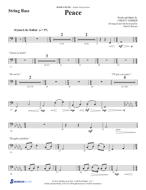 Peace (Choral Anthem SATB) String Bass (Semsen Music / Arr. Daniel Semsen)