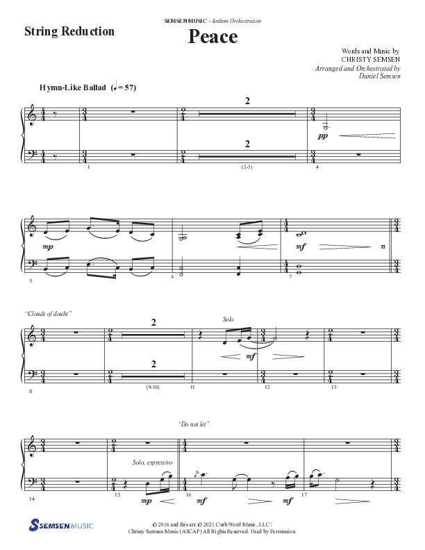 Peace (Choral Anthem SATB) String Reduction (Semsen Music / Arr. Daniel Semsen)