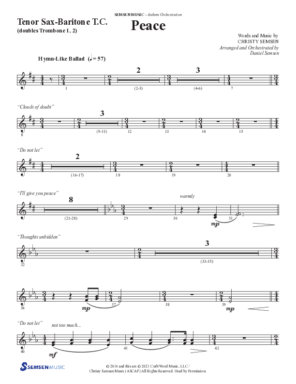 Peace (Choral Anthem SATB) Tenor Sax/Baritone T.C. (Semsen Music / Arr. Daniel Semsen)