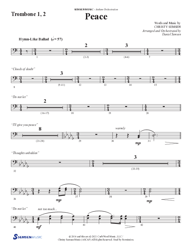 Peace (Choral Anthem SATB) Trombone 1/2 (Semsen Music / Arr. Daniel Semsen)