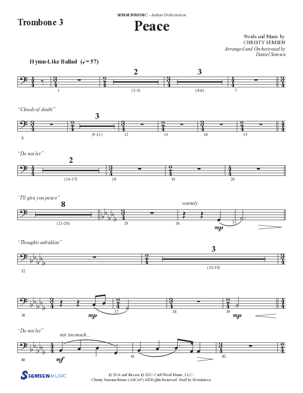 Peace (Choral Anthem SATB) Trombone 3 (Semsen Music / Arr. Daniel Semsen)