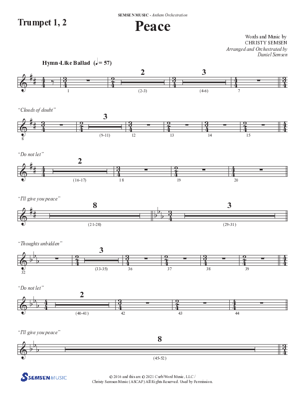 Peace (Choral Anthem SATB) Trumpet 1,2 (Semsen Music / Arr. Daniel Semsen)