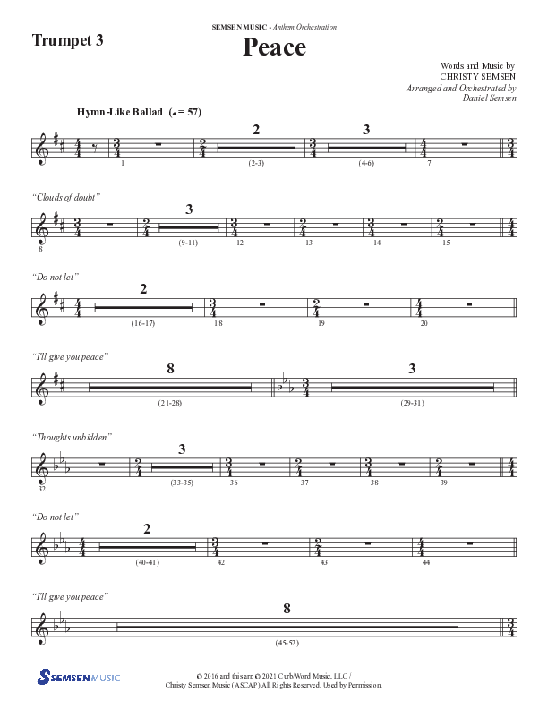 Peace (Choral Anthem SATB) Trumpet 3 (Semsen Music / Arr. Daniel Semsen)