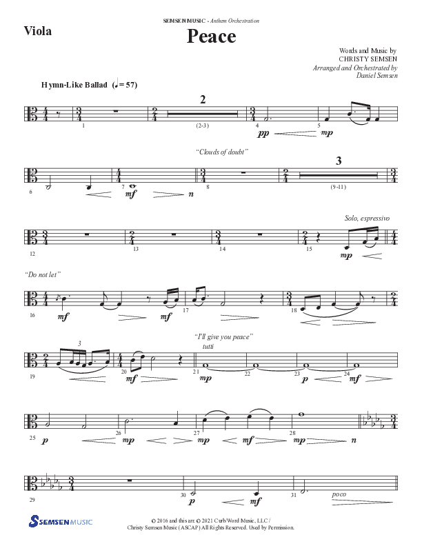 Peace (Choral Anthem SATB) Viola (Semsen Music / Arr. Daniel Semsen)