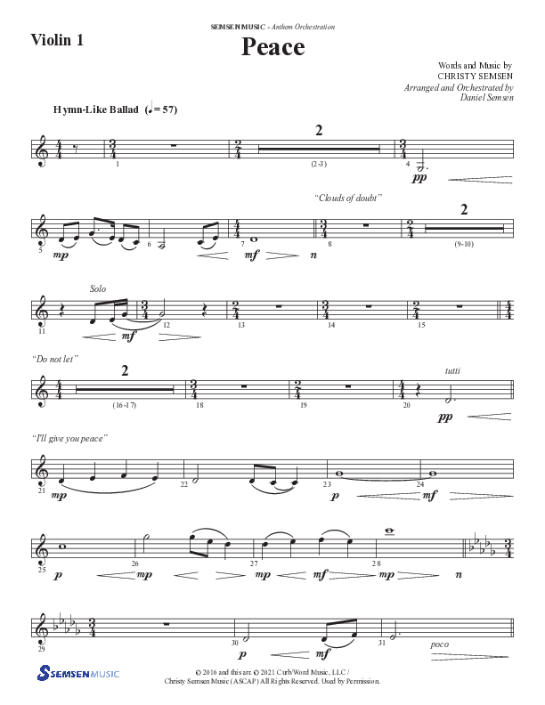 Peace (Choral Anthem SATB) Violin 1 (Semsen Music / Arr. Daniel Semsen)