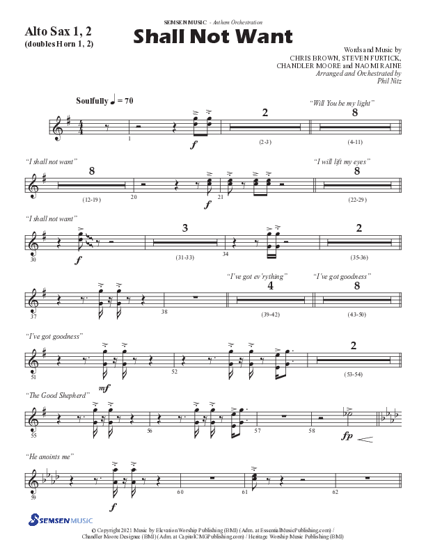 Shall Not Want (Choral Anthem SATB) Alto Sax 1/2 (Semsen Music / Arr. Phil Nitz)