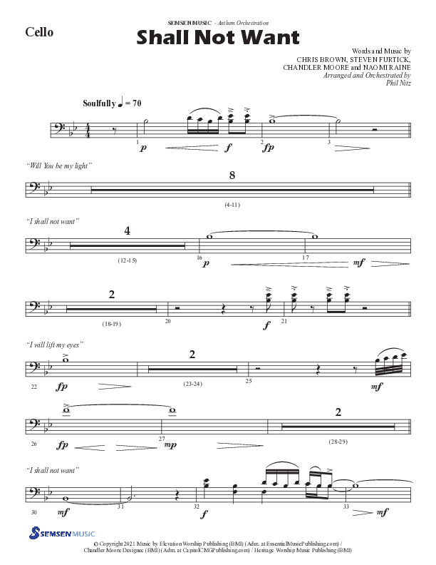 Shall Not Want (Choral Anthem SATB) Cello (Semsen Music / Arr. Phil Nitz)