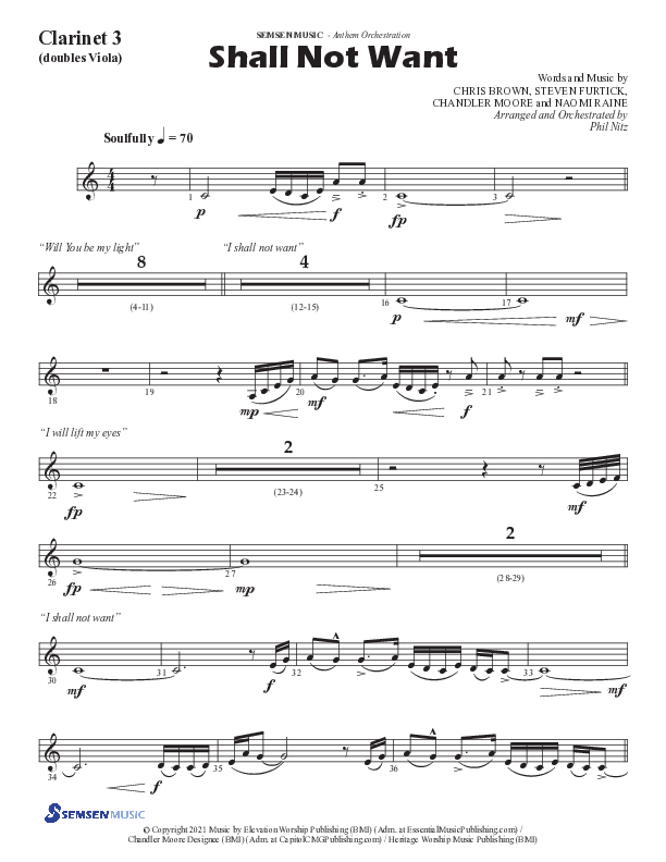 Shall Not Want (Choral Anthem SATB) Clarinet 3 (Semsen Music / Arr. Phil Nitz)