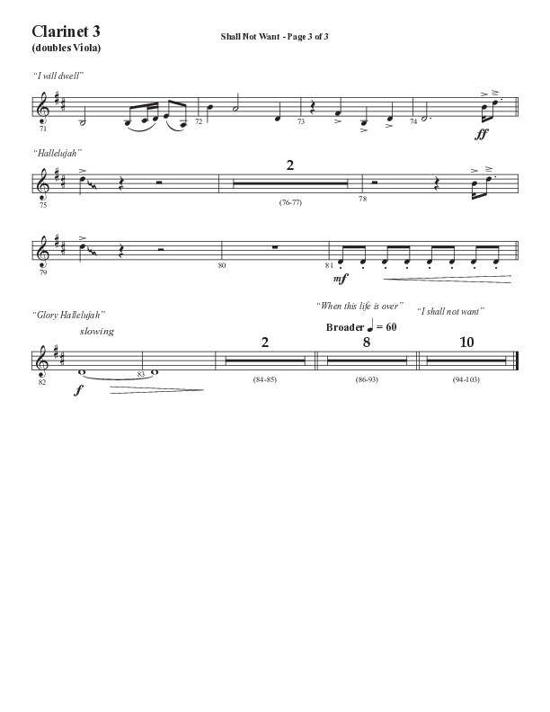 Shall Not Want (Choral Anthem SATB) Clarinet 3 (Semsen Music / Arr. Phil Nitz)