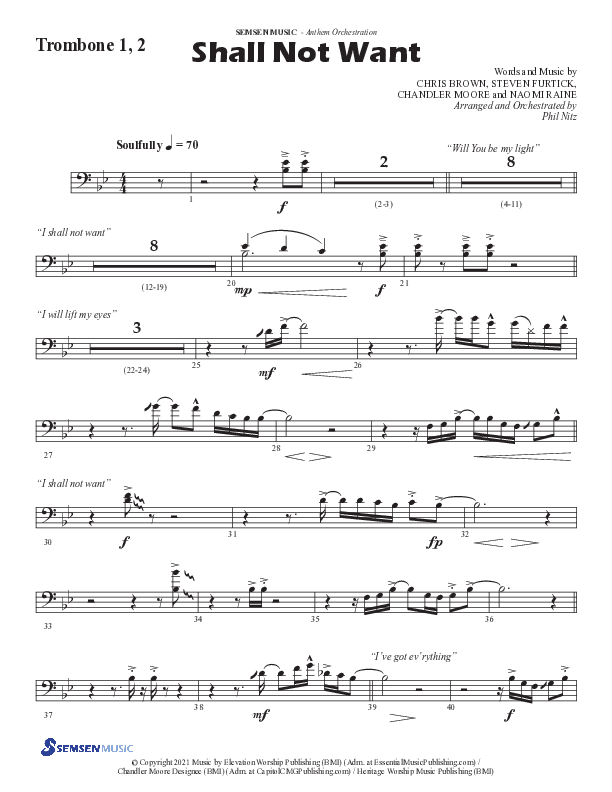 Shall Not Want (Choral Anthem SATB) Trombone 1/2 (Semsen Music / Arr. Phil Nitz)