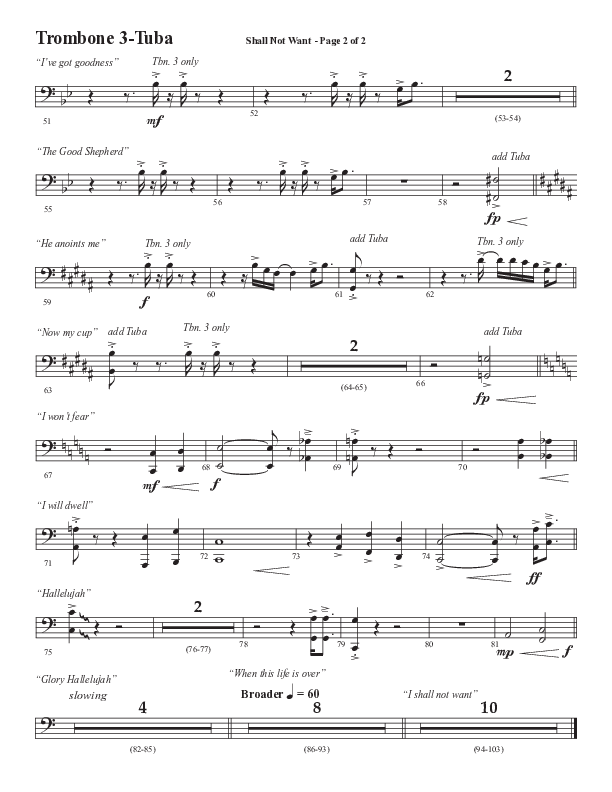 Shall Not Want (Choral Anthem SATB) Trombone 3/Tuba (Semsen Music / Arr. Phil Nitz)
