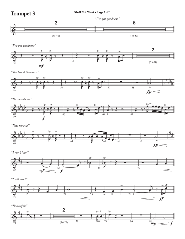 Shall Not Want (Choral Anthem SATB) Trumpet 3 (Semsen Music / Arr. Phil Nitz)