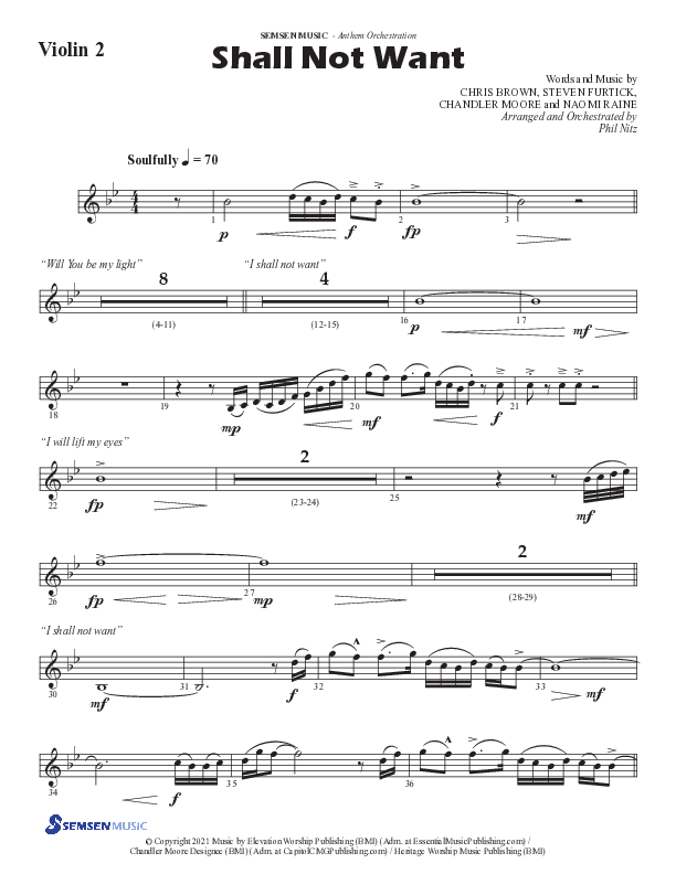 Shall Not Want (Choral Anthem SATB) Violin 2 (Semsen Music / Arr. Phil Nitz)
