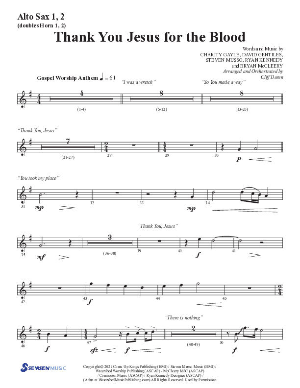 Thank You Jesus For The Blood with Glory To His Name (Choral Anthem SATB) Alto Sax 1/2 (Semsen Music / Arr. Cliff Duren)