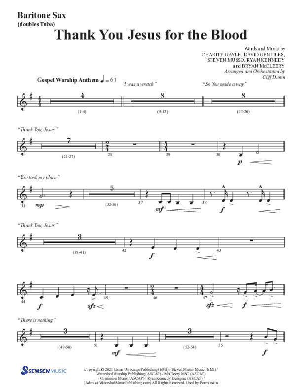 Thank You Jesus For The Blood with Glory To His Name (Choral Anthem SATB) Bari Sax (Semsen Music / Arr. Cliff Duren)