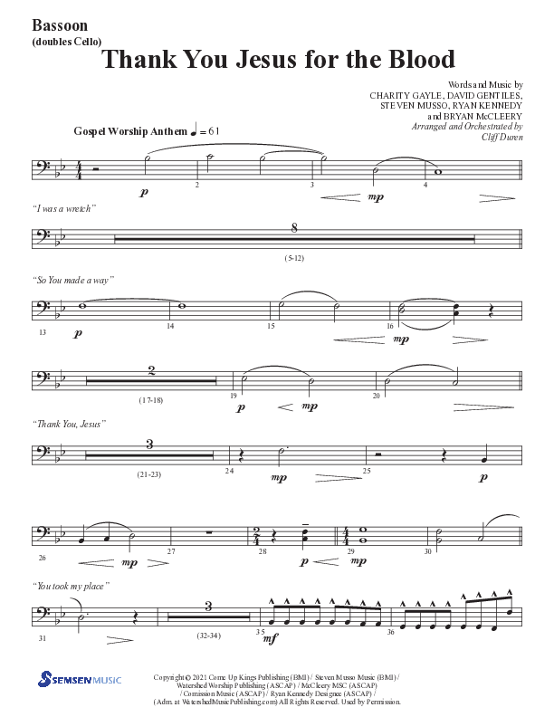 Thank You Jesus For The Blood with Glory To His Name (Choral Anthem SATB) Bassoon (Semsen Music / Arr. Cliff Duren)
