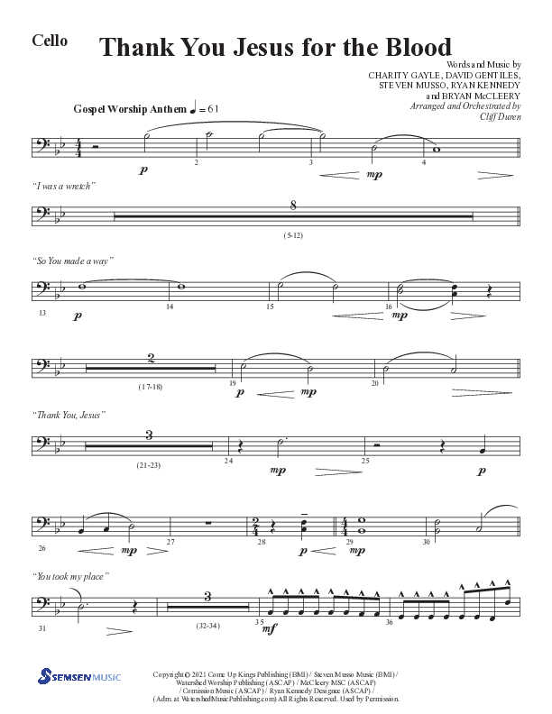 Thank You Jesus For The Blood with Glory To His Name (Choral Anthem SATB) Cello (Semsen Music / Arr. Cliff Duren)