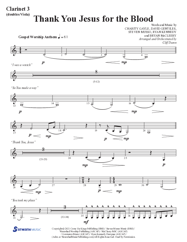 Thank You Jesus For The Blood with Glory To His Name (Choral Anthem SATB) Clarinet 3 (Semsen Music / Arr. Cliff Duren)