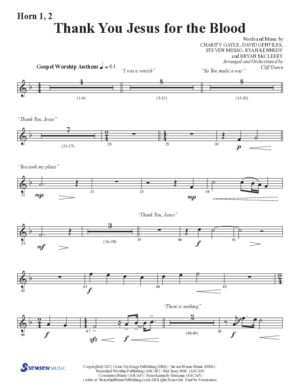 Thank You Jesus For The Blood with Glory To His Name (Choral Anthem SATB) French Horn 1/2 (Semsen Music / Arr. Cliff Duren)