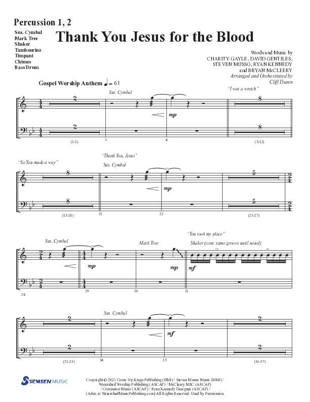 Thank You Jesus For The Blood with Glory To His Name (Choral Anthem SATB) Percussion 1/2 (Semsen Music / Arr. Cliff Duren)