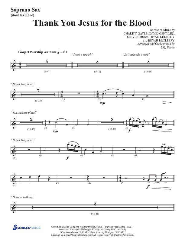 Thank You Jesus For The Blood with Glory To His Name (Choral Anthem SATB) Soprano Sax (Semsen Music / Arr. Cliff Duren)