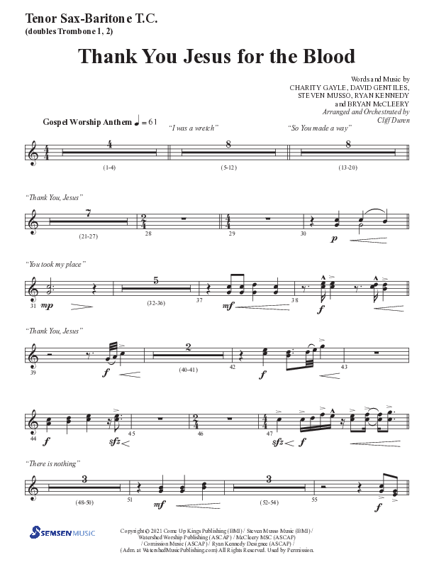 Thank You Jesus For The Blood with Glory To His Name (Choral Anthem SATB) Tenor Sax/Baritone T.C. (Semsen Music / Arr. Cliff Duren)