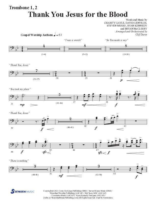 Thank You Jesus For The Blood with Glory To His Name (Choral Anthem SATB) Trombone 1/2 (Semsen Music / Arr. Cliff Duren)