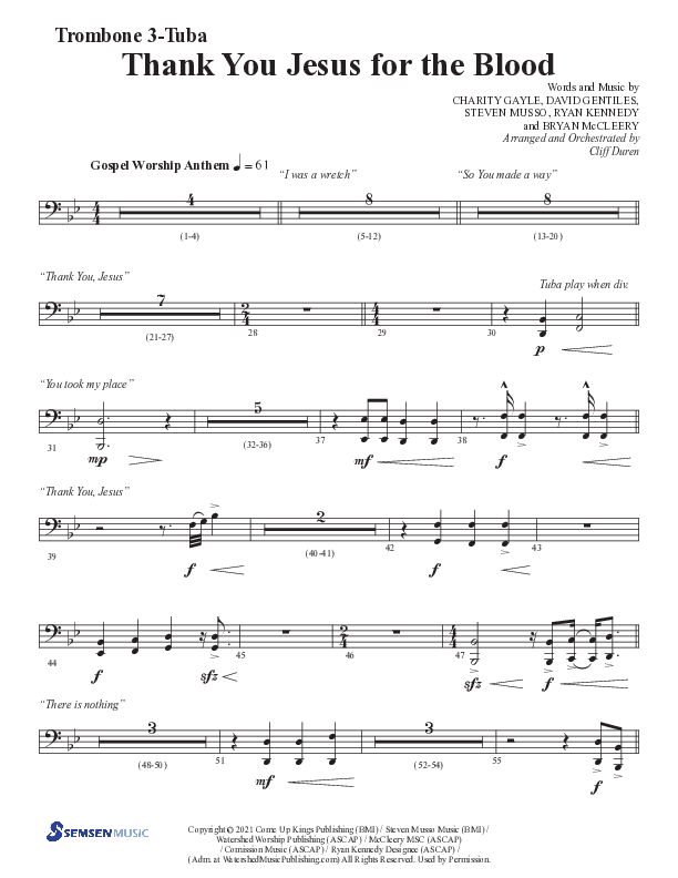 Thank You Jesus For The Blood with Glory To His Name (Choral Anthem SATB) Trombone 3/Tuba (Semsen Music / Arr. Cliff Duren)